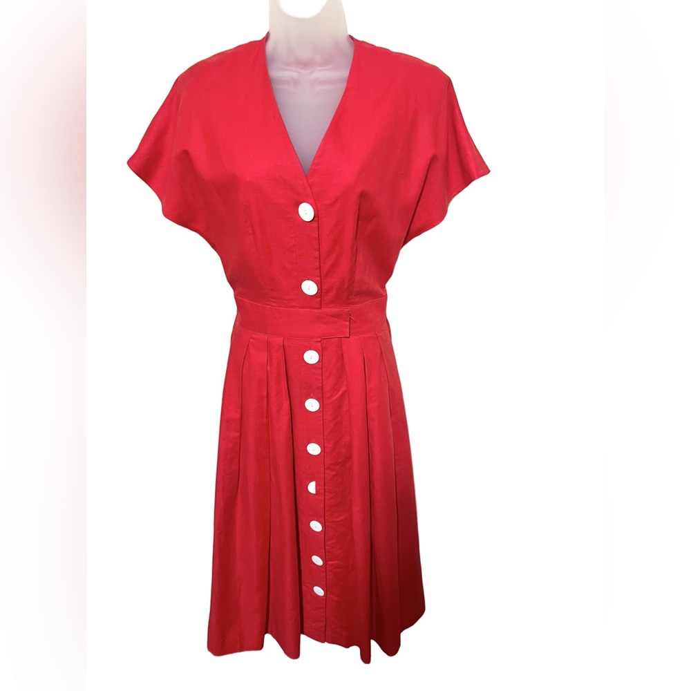 Vintage Ambria 8 Maxi Linen Cotton Pleated Short Sleeve Red Dress Women Buttons